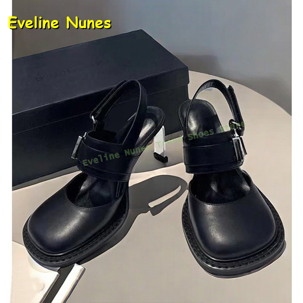 Women'S Fashion Sandals - صنادل نسائية سوداء بكعب سميك وحزام