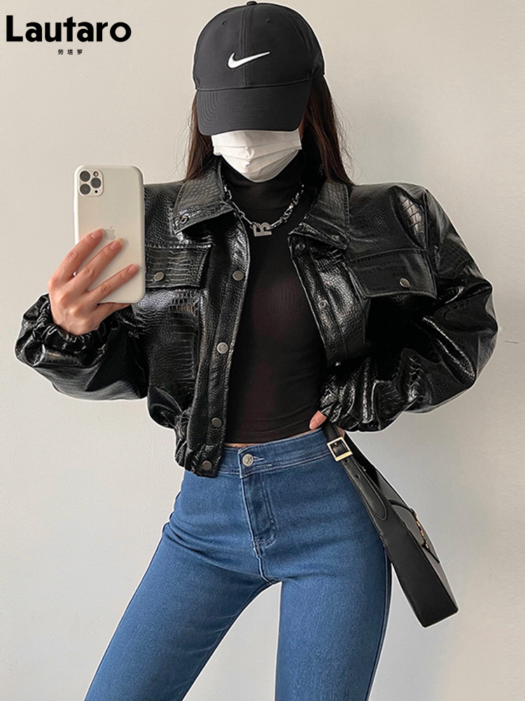 Women'S Fashion Quilted Jacket - سترة من الجلد الصناعي بطباعة التمساح