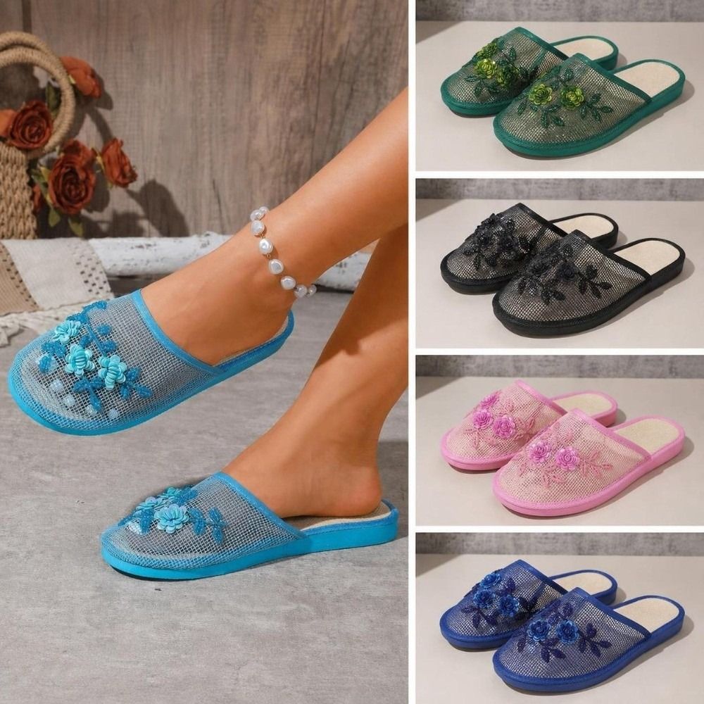 Women'S Fashion Sandals - صندل شبكي مطرز بالزهور أنيق، نعل